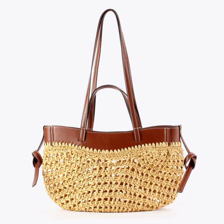 Sac cabas femme en raphia ajouré, patchwork uni tissé, style décontracté