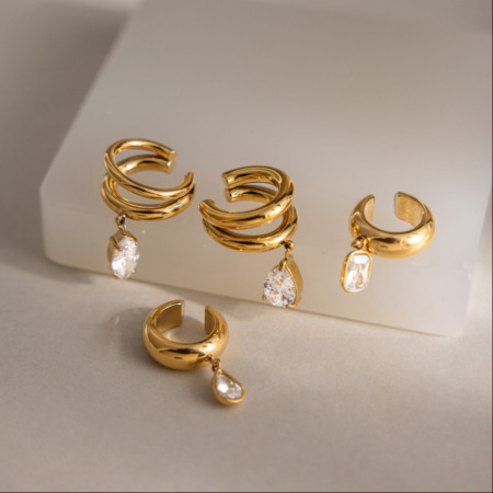 Boucles d'oreilles manchette d'oreille pour femme, style classique goutte d'eau, rectangulaire, en acier inoxydable, étanches, couleur or, avec zircon.