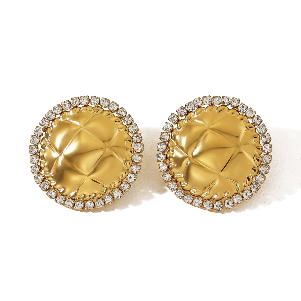 Boucles D'Oreilles Puces Pour Femmes, En Acier Inoxydable Doré, Imperméables, À Motif Tartan Et Ornées De Strass, Collection Luxueuse. Image4