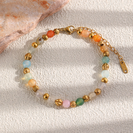 Bracelets pour femmes Sweet Beads en acier inoxydable imperméable, couleur or et pierres naturelles, multicolores.