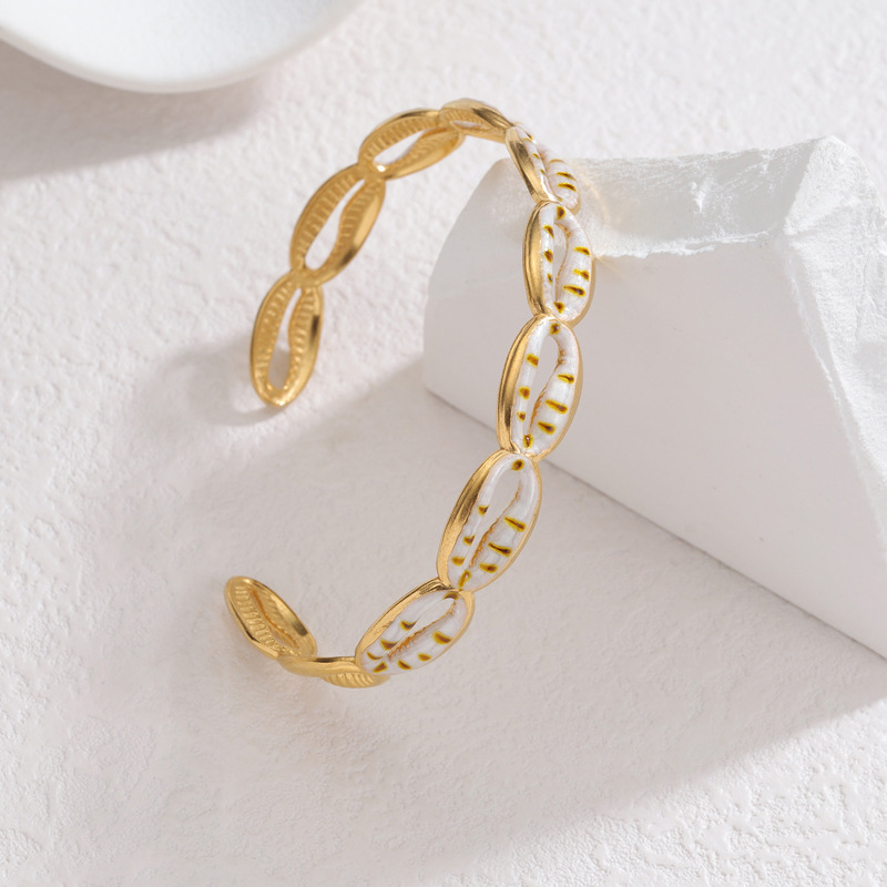 Bracelets Manchettes Pour Femmes En Acier Inoxydable Émaillé, Couleur Or, Style Vacances Océaniques Et Coquillages 