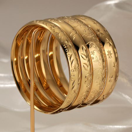Bracelet jonc pour femme Simple Series Retro Plant Circle en acier inoxydable étanche couleur or