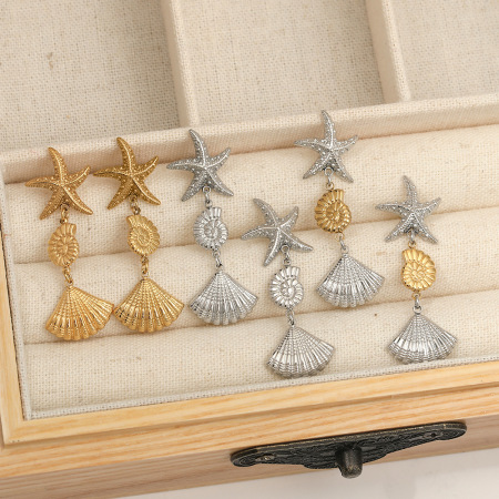 Boucles d'oreilles pendantes pour femme, style océan, coquillage et étoile de mer, en acier inoxydable étanche, couleur or. 2