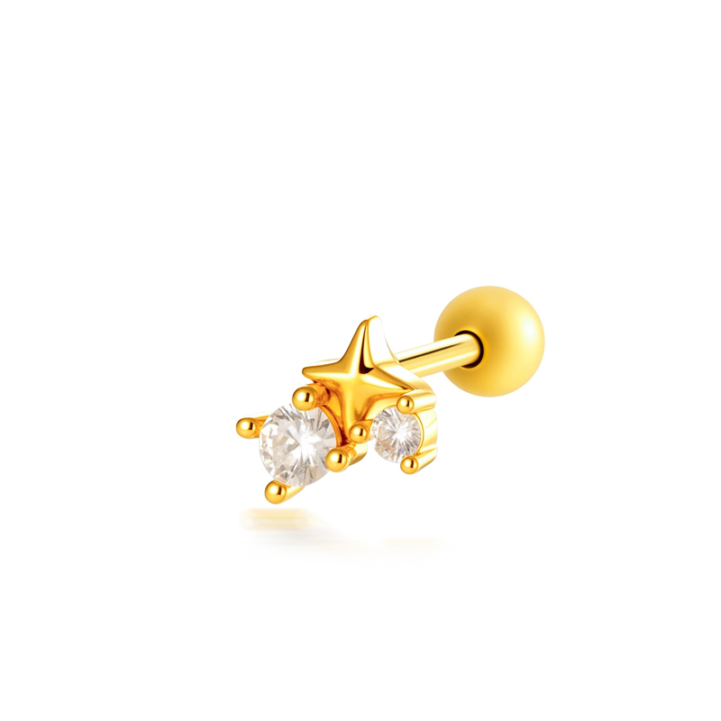 Boucles D'Oreilles Piercing Pour Femmes, Collection Simple, Motif Fleur Et Lune, Couleur Cuivre Doré Et Zircon.