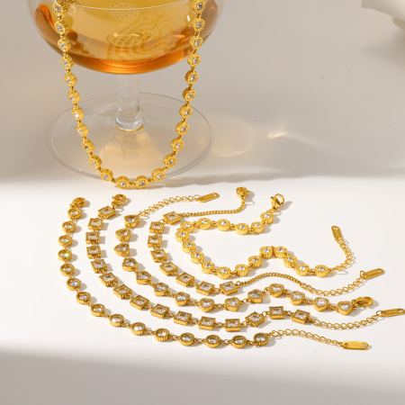 Bracelet chaîne femme en acier inoxydable doré, étanche, de forme géométrique et orné de strass, collection Luxueuse