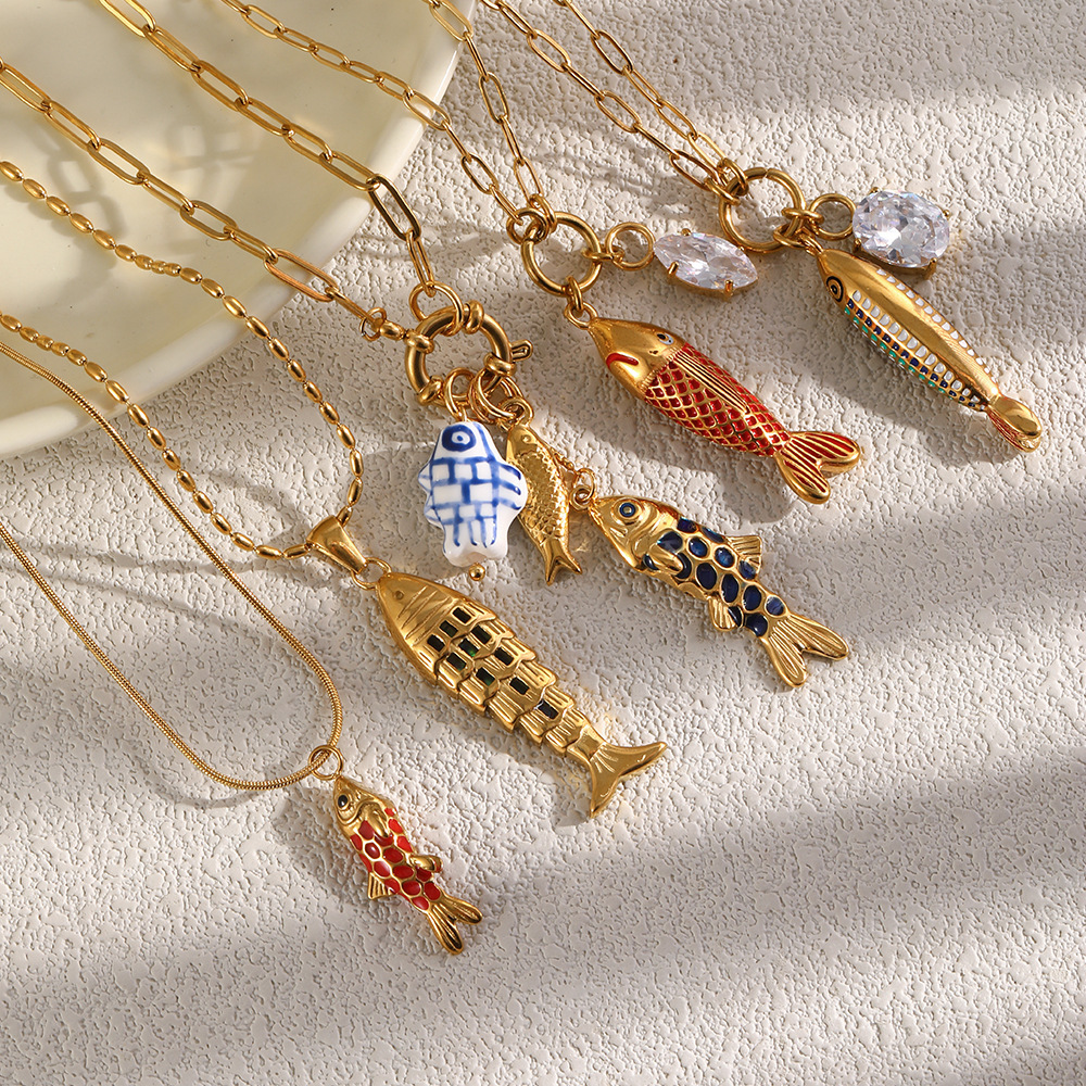 Colliers Pendentifs Pour Femmes, Collection Luxe, Motif Poisson, En Acier Inoxydable Étanche Couleur Or Image2