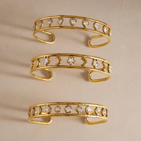 Bracelet manchette femme Simple Series Retro Cœur Soleil Lune Acier Inoxydable Étanche Couleur Or Zircon 2