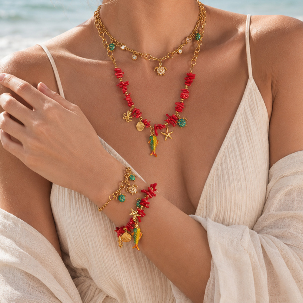 Ensembles De Colliers Pour Femmes En Acier Inoxydable Doré, Style Océanique, Corail, Étanches, Motif Vacances Image3