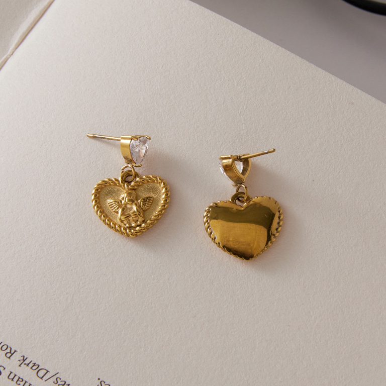 Boucles D'Oreilles Pendantes Pour Femme, Collection Romantique Sweet Heart Angel, En Acier Inoxydable Étanche, Couleur Or Et Zircon. Image5