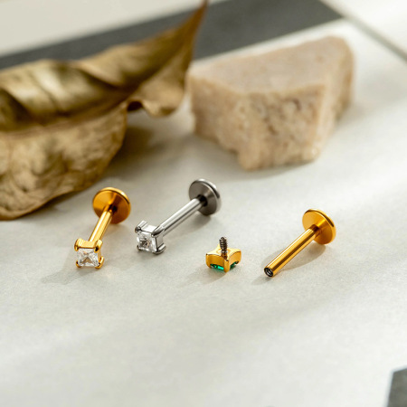 Boucles d'oreilles piercing pour femmes, style rectangulaire, en alliage de titane doré et zircon, collection Simple Series 2