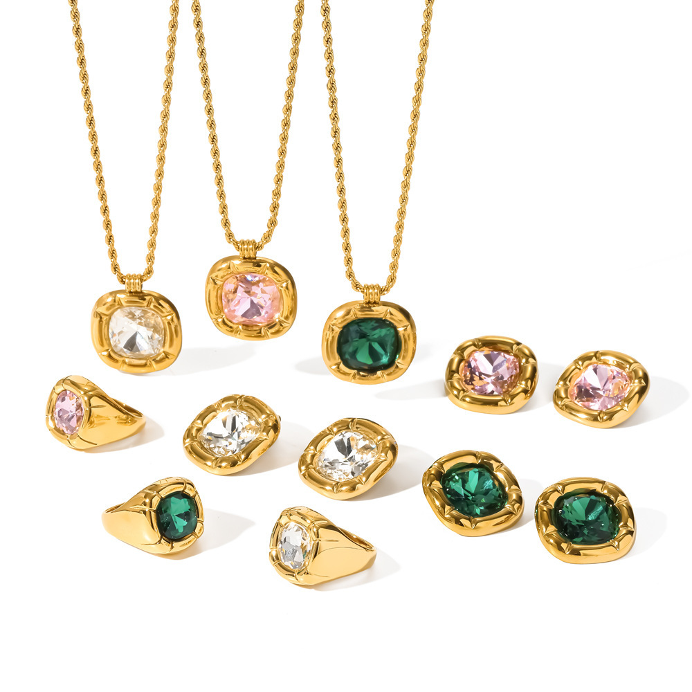 Ensembles De Colliers Pour Femmes En Acier Inoxydable Imperméable De Forme Géométrique, Couleur Or Et Strass Image3