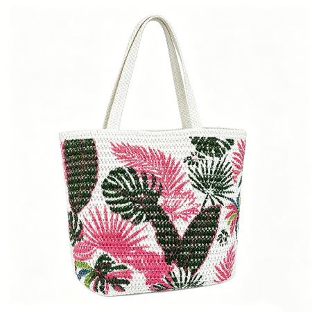 Sac carré femme en raphia tissé à motif de feuilles multicolores, style vacances 2
