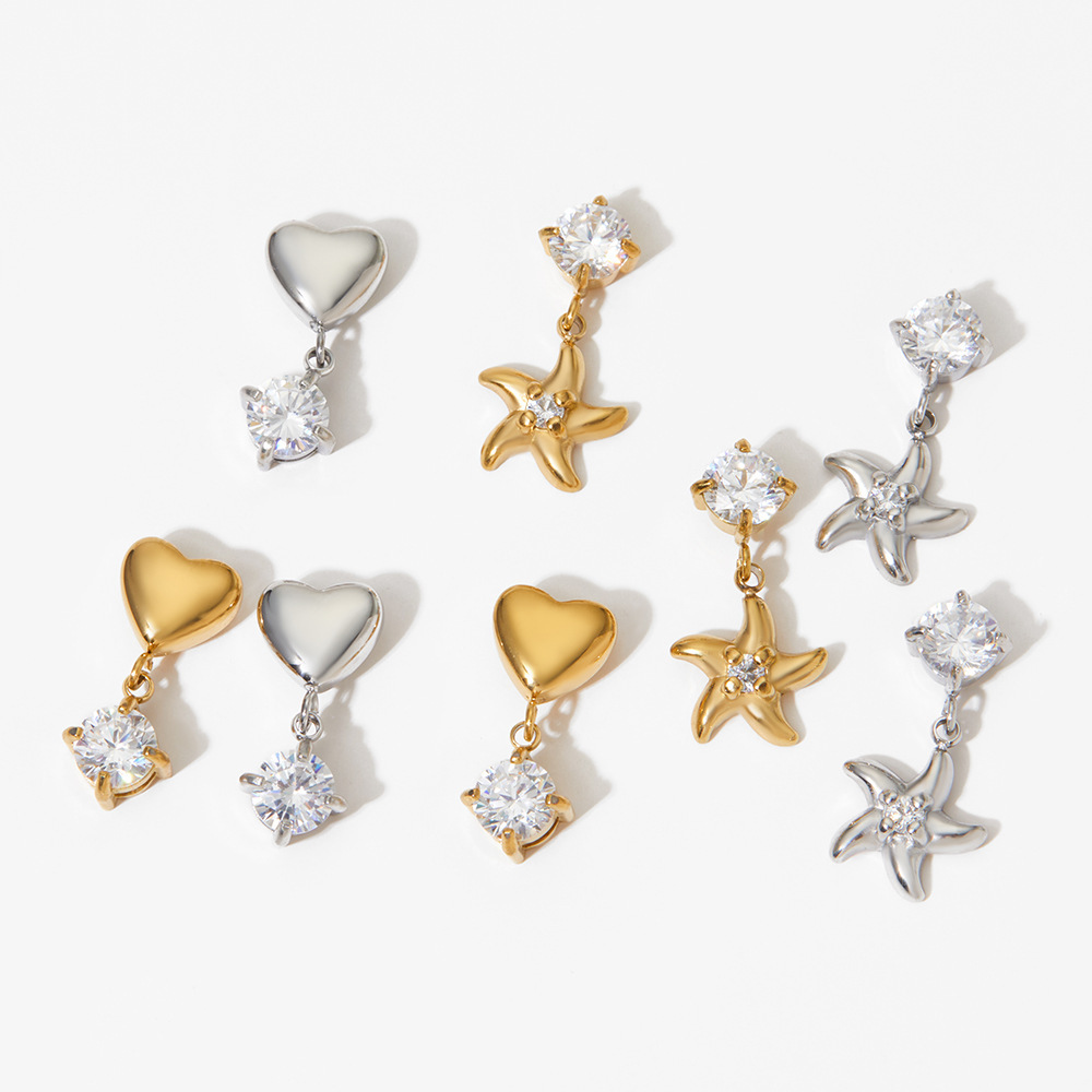 Boucles D'Oreilles Pendantes Pour Femme, En Acier Inoxydable, Imperméables, Couleur Or, Avec Zircon Et Motif Cœur Et Étoile. Image3