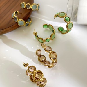 Boucles D'Oreilles Créoles Pour Femmes, Collection Luxueuse, Simple Et Élégante, En Acier Inoxydable Étanche Et Pierre Naturelle. h5 Image2
