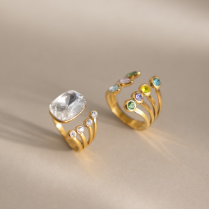 Bagues Pour Femmes En Acier Inoxydable Doré, Étanches, De Forme Irrégulière Et Serties De Zircon, Collection Luxueuse. h5 Image4