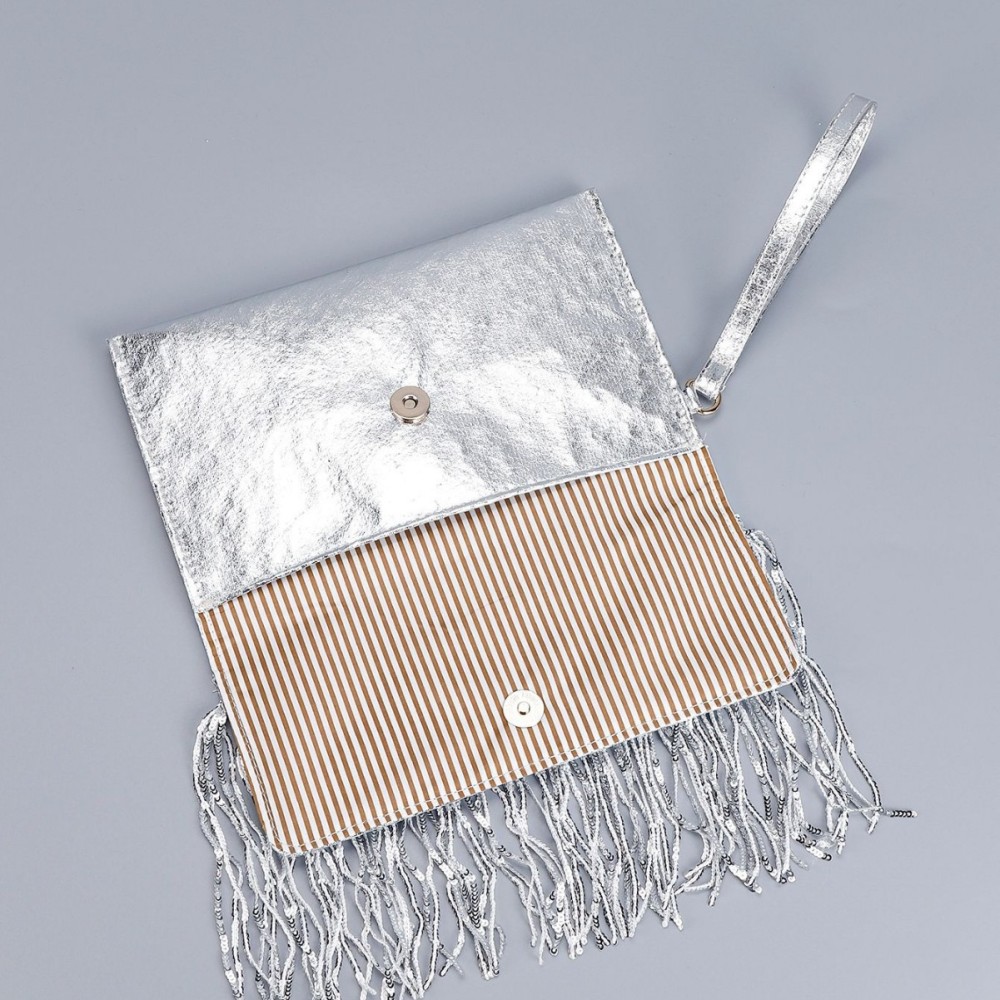 Sac Carré Pour Femme En Pu À Pompons Et Sequins, Couleur Unie, Style Soirée h5Image5