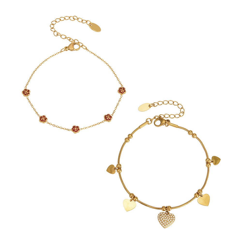 Bracelet À Breloques Pour Femme, Élégant, En Acier Inoxydable, Couleur Or, Orné D'Une Fleur Et D'Un Cœur. Collection Luxueuse. Image5