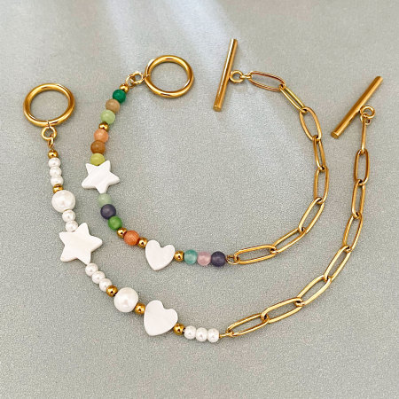 Bracelets à perles simples en acier inoxydable, couleur or, avec étoiles et cœurs.