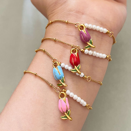 Bracelet à breloques pour femme, collection romantique, perles en émail et fleurs, acier inoxydable, couleur or, étanche.