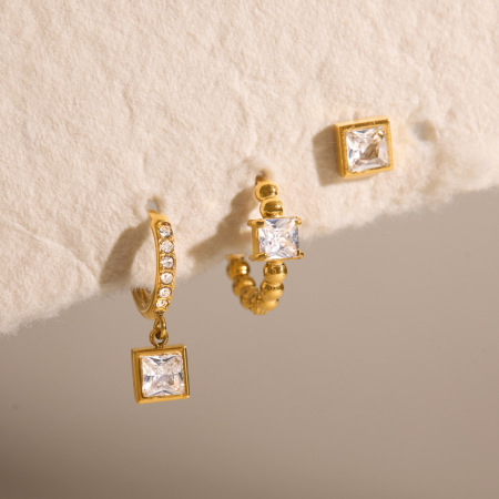 Ensembles de boucles d'oreilles pour femmes, style rectangulaire simple, en acier inoxydable, étanches, couleur or, avec zircon.