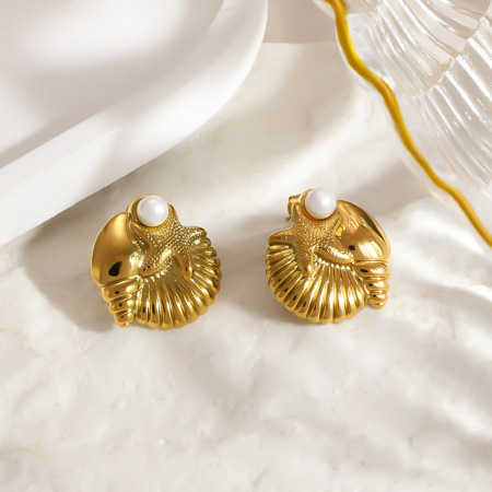 Boucles d'oreilles puces pour femmes, style océan, en acier inoxydable, imperméables, couleur or, avec perles artificielles et motif étoile de mer 2