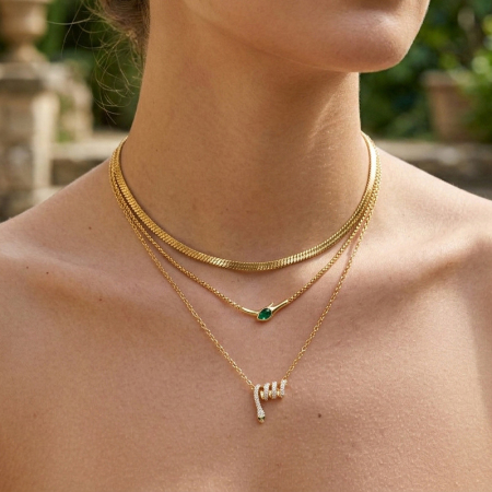 Collier pendentif femme luxueux au style rétro, en acier inoxydable, couleur or, orné d'un zircon et d'une chaîne serpent.