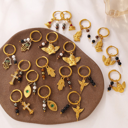Boucles d'oreilles pendantes pour femme, style œil de diable, croix et ange, en acier inoxydable étanche avec zircon, collection Simple Series Daily