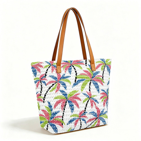 Sac carré femme en raphia tissé à motif de feuilles multicolores, style vacances
