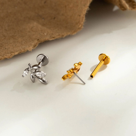 Boucles d'oreilles piercing pour femme, modèle Simple Series Leaf Snake, en alliage de titane doré et zircon. 2