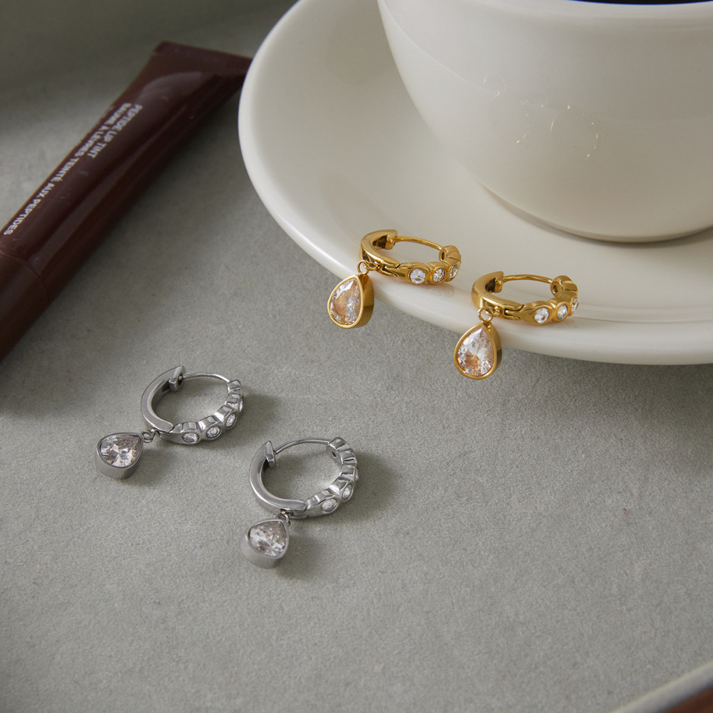 Boucles D'Oreilles Pendantes Élégantes En Forme De Goutte, En Acier Inoxydable Étanche, Couleur Or, Avec Zircon, Collection Luxueuse. h5Image4