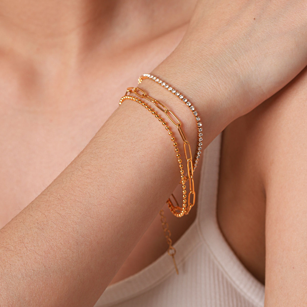 Bracelet Chaîne Pour Femme Simple Series Daily Chain En Acier Inoxydable Étanche Couleur Or Avec Zircon Image4