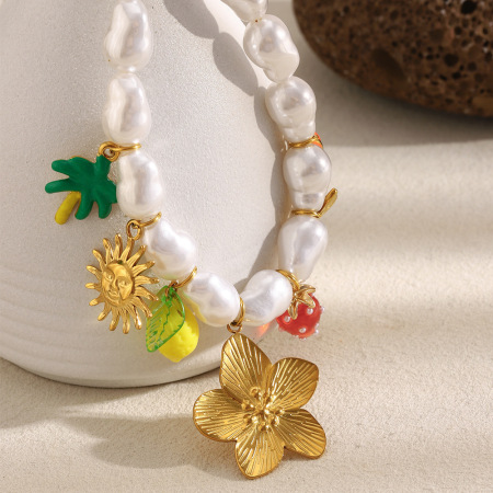 Colliers de perles artificielles en acier inoxydable avec motif de fleurs et de fruits, parfaits pour les vacances