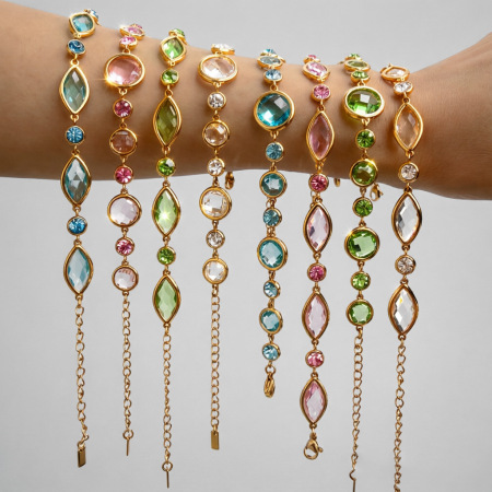 Bracelet élégant en maille patchwork ovale, en acier inoxydable, couleur or, imperméable, avec cristaux.