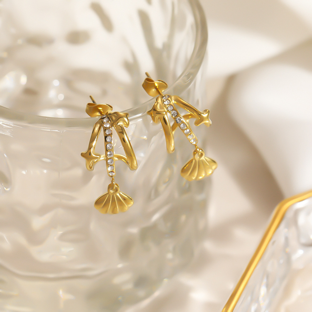 Boucles D'Oreilles Puces Pour Femmes En Acier Inoxydable, Couleur Or, Étanches, Avec Strass Et Coquillage Image4