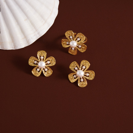 Ensembles de boucles d'oreilles pour femmes, collection romantique rétro, motif floral, en acier inoxydable étanche, couleur or, perles artificielles. 2