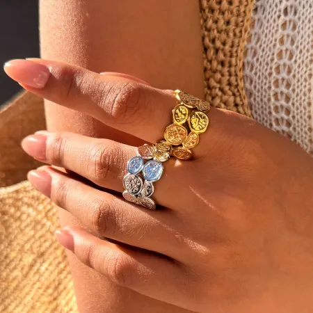 Bague femme rétro simple et élégante en acier inoxydable étanche couleur or