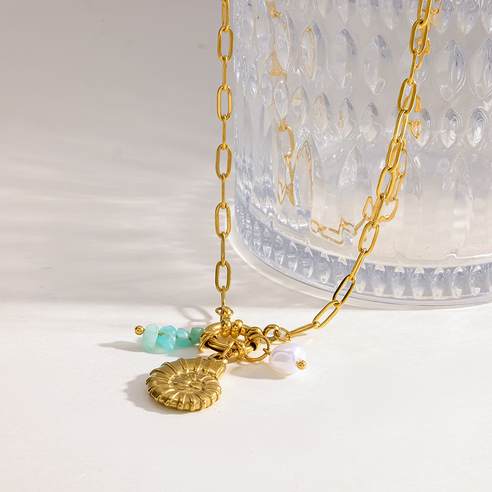 Colliers Pendentifs Pour Femmes, Style Océanique Quotidien, En Acier Inoxydable Étanche Couleur Or Avec Zircon Image4