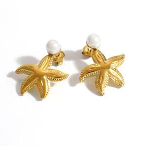 Boucles D'Oreilles Puces Pour Femmes, Style Océan, En Acier Inoxydable, Imperméables, Couleur Or, Motif Étoile De Mer Et Perles Artificielles. h5 Image4