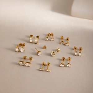 Boucles D'Oreilles Pour Femmes En Acier Inoxydable Imperméable, Forme Géométrique Simple, Couleur Or, Zircon. h5 Image4