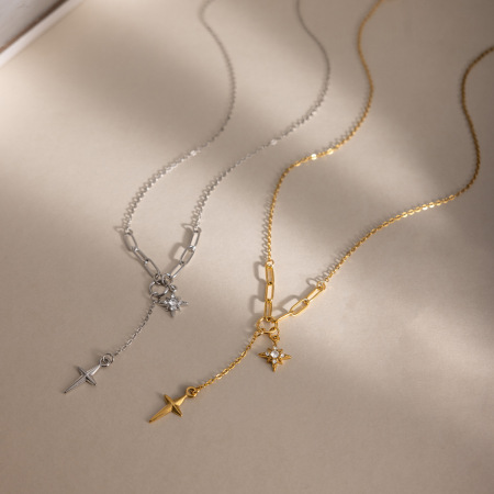 Colliers pendentifs pour femmes en acier inoxydable, couleur or, avec strass et étoile simple 2