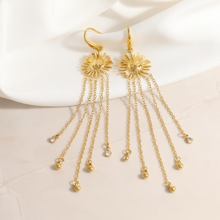 Boucles d'oreilles pendantes pour femmes, en acier inoxydable imperméable, couleur or, avec pompon soleil et strass. 2