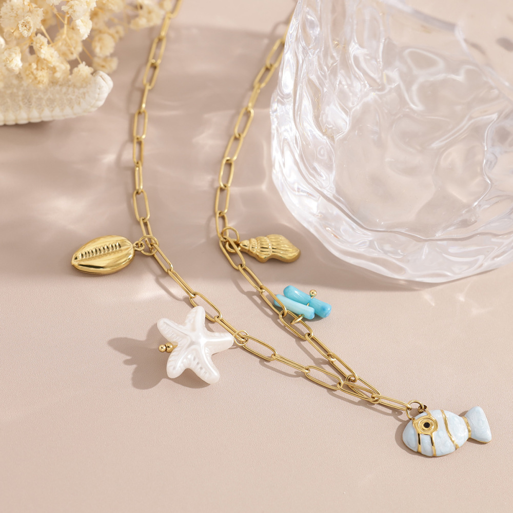 Colliers Pendentifs Pour Femmes, Style Océanique, En Acier Inoxydable Émaillé, Couleur Or, Avec Poissons Image3