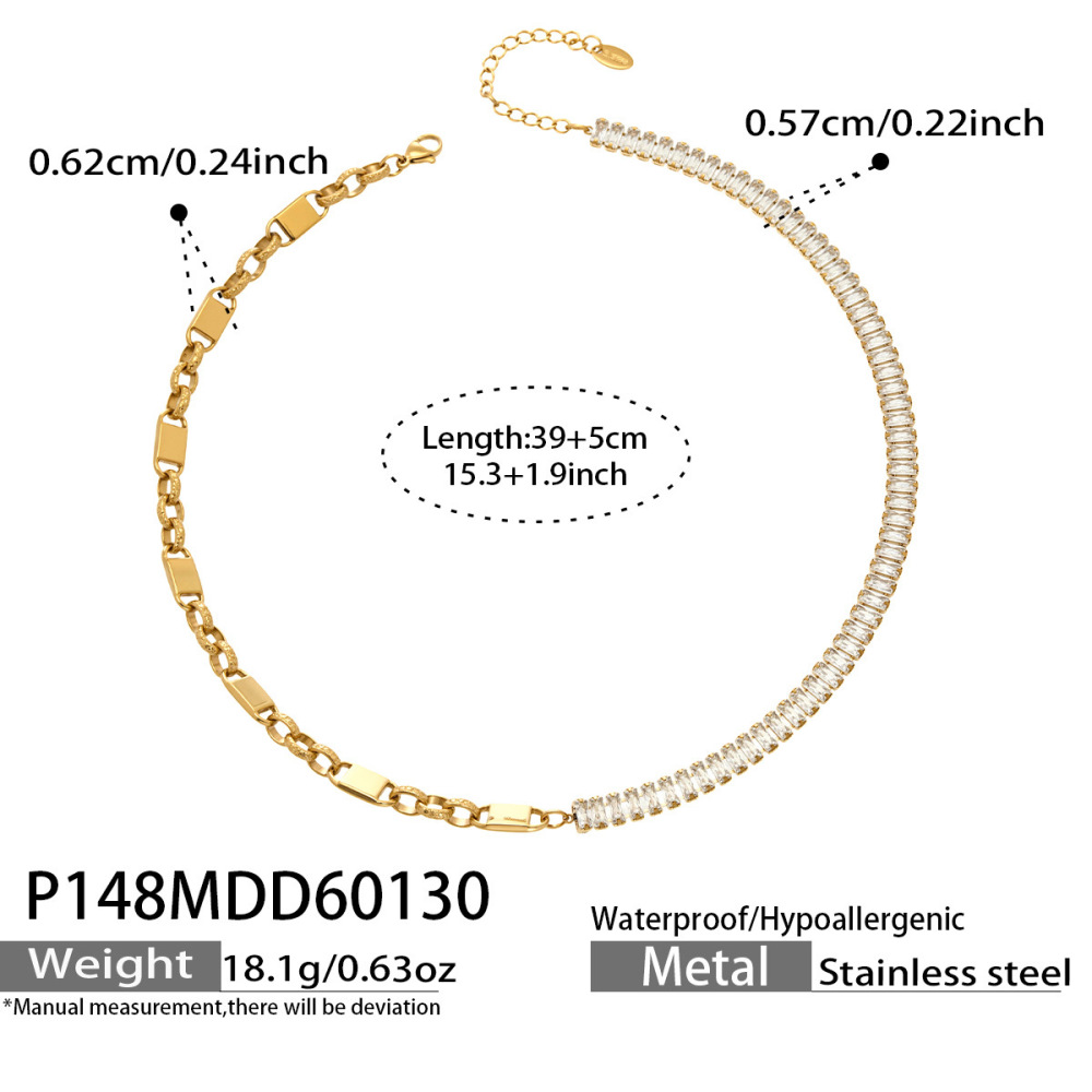 Colliers À Maillons Rectangulaires Luxueux Et Simples En Acier Inoxydable Imperméable Couleur Or Avec Zircon Pour Femmes 