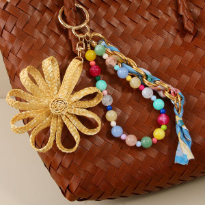 Breloques De Sac En Raphia Tressé, Style Décontracté, Avec Perles Torsadées Et Fleurs Simples h5 Image4