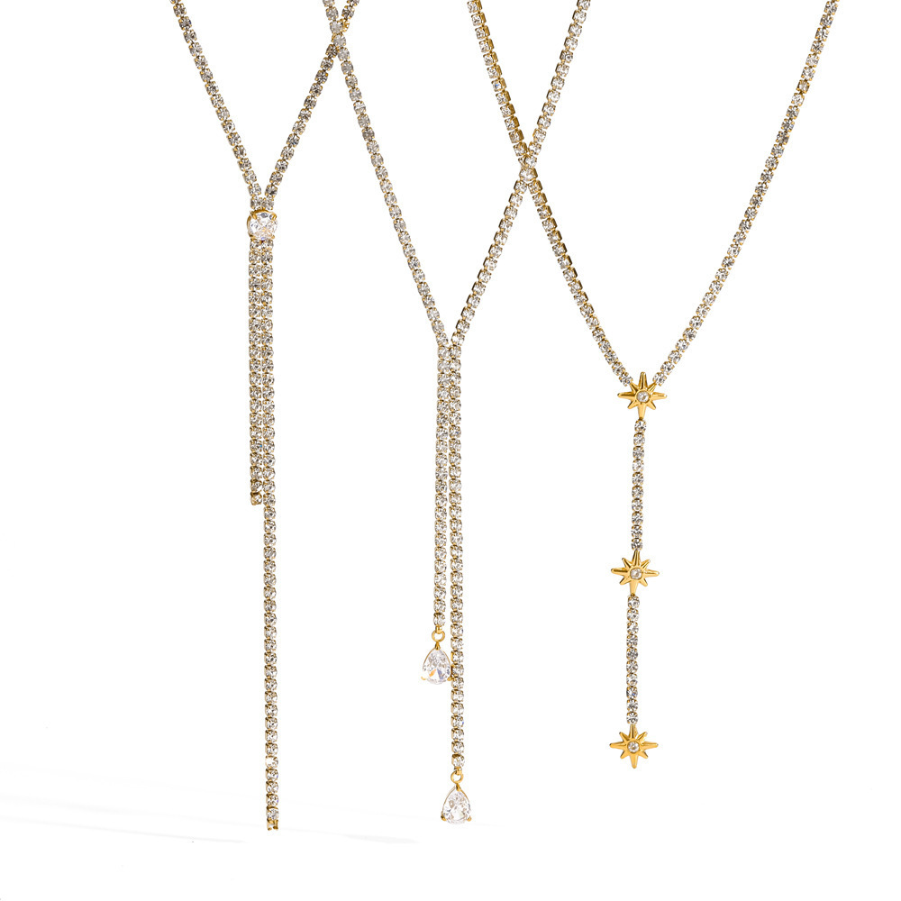 Colliers À Maillons Pour Femmes, Luxueux, En Acier Inoxydable, Couleur Or, Étanches, Avec Strass, Forme Allongée Et Lignes Harmonieuses. Image2