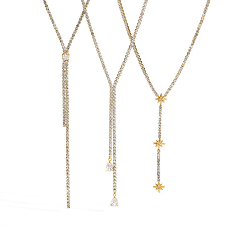 Colliers à maillons pour femmes, luxueux, en acier inoxydable, couleur or, étanches, avec strass, forme allongée et lignes harmonieuses. 2