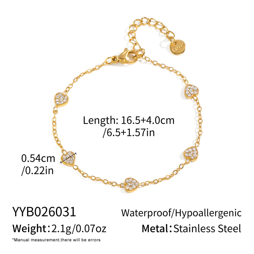 Bracelet Chaîne Femme En Acier Inoxydable Doré Avec Zircon En Forme De Cœur 