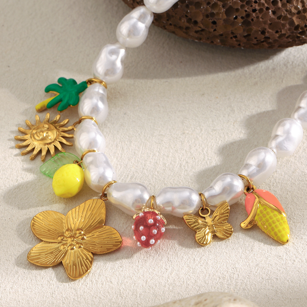 Colliers De Perles Artificielles En Acier Inoxydable Avec Motif De Fleurs Et De Fruits, Parfaits Pour Les Vacances h5Image3