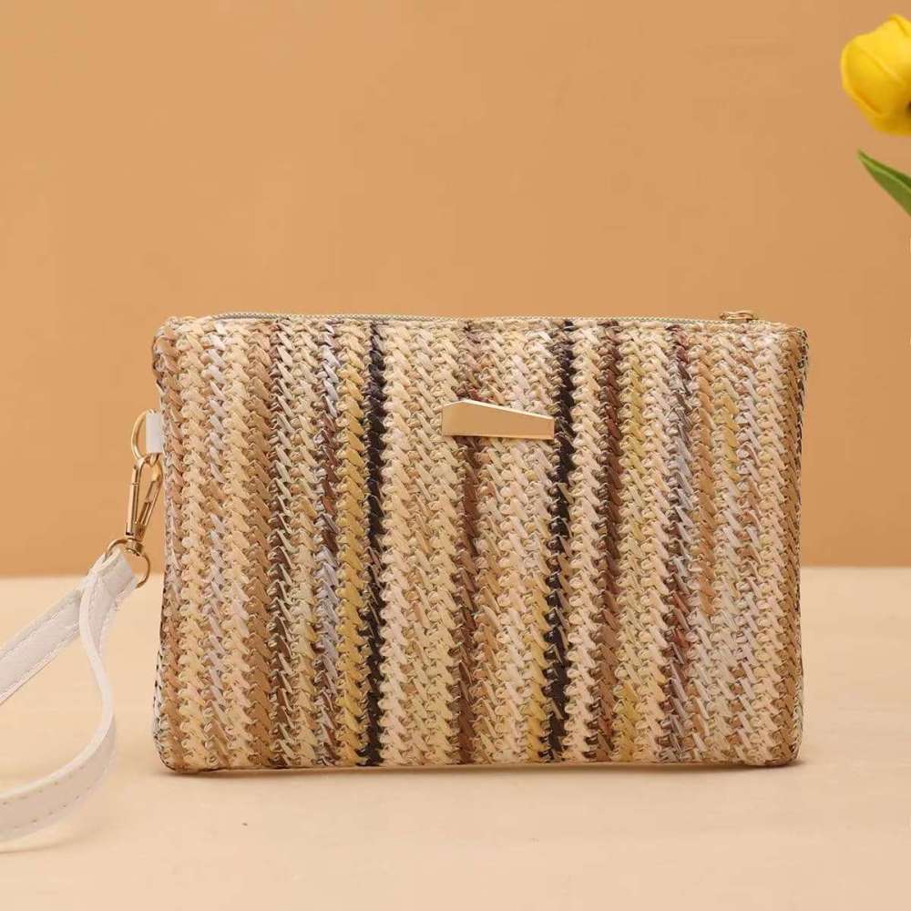 Sac Carré Pour Femme En Raphia Tissé À Rayures Multicolores, Style Décontracté 