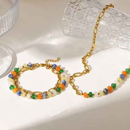 Ensembles de bijoux pour femmes Simple Series Retro Patchwork Beads en acier inoxydable étanche couleur or 2